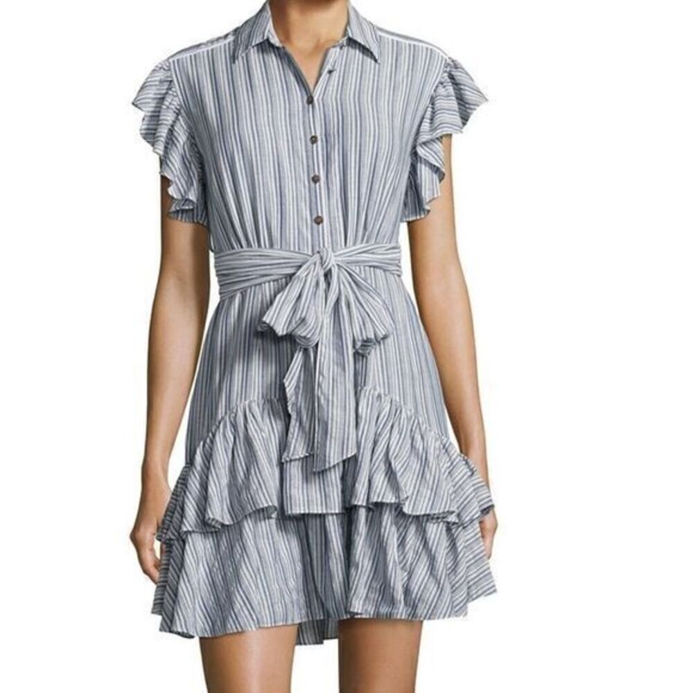 REBECCA TAYLOR Ruffle Mini Striped Button Dress